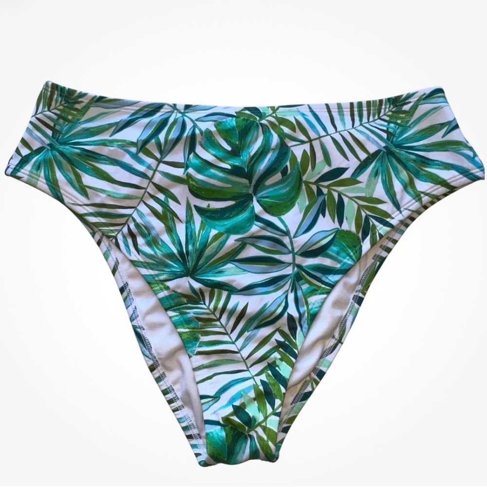 Leaf-Print High-Rise Bikini Bottoms in Green by